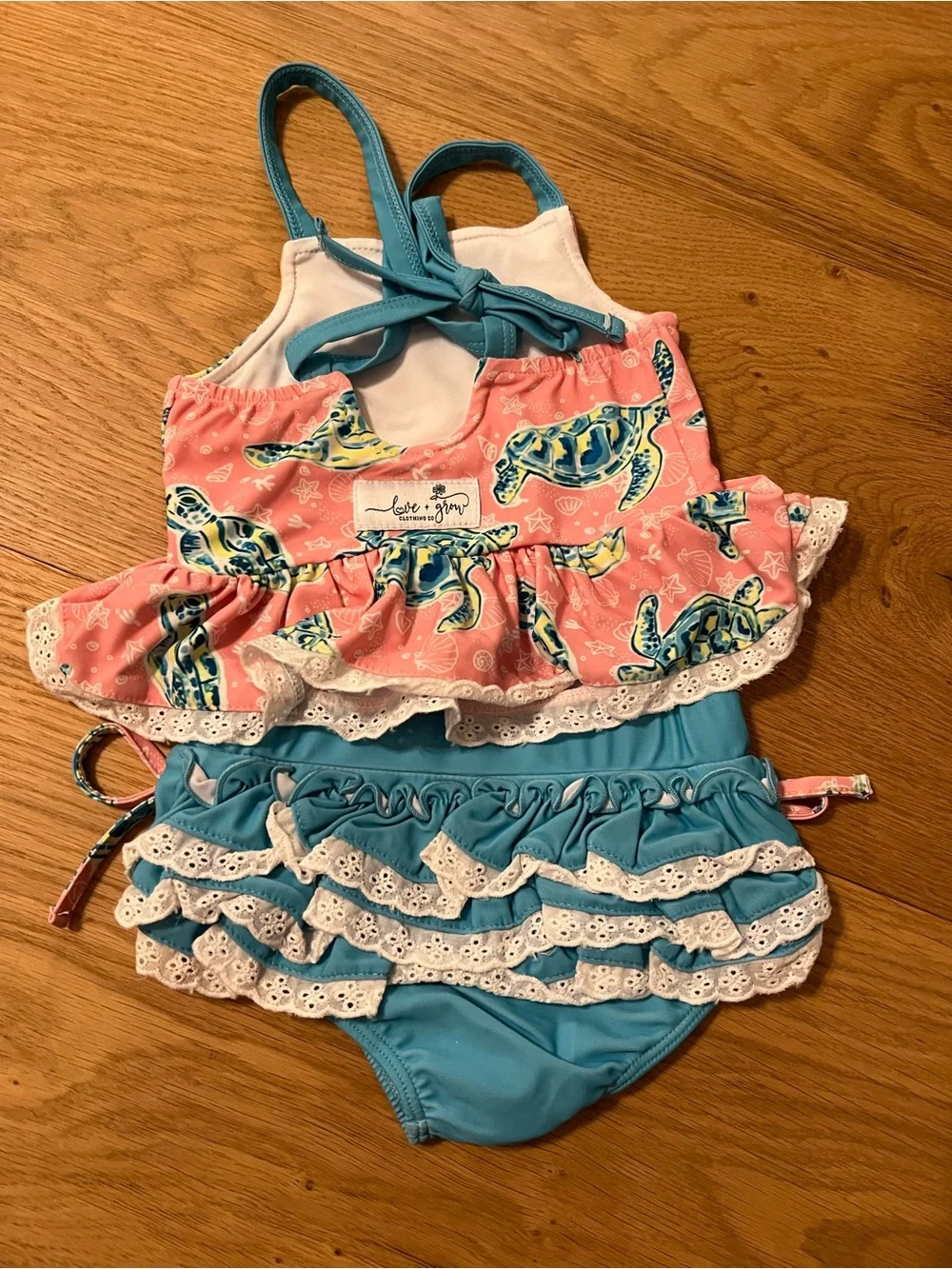 Girls Two-Piece Turtle Print Swim Set in Coral & Aqua